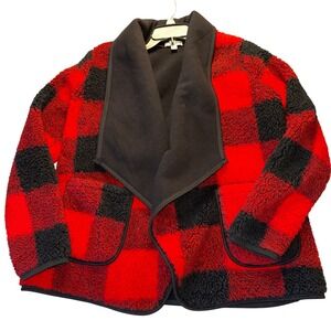 Sonoma Buffalo Plaid Sherpa Fleece Shawl Collar Jacket Womens Size S Red‎ Black